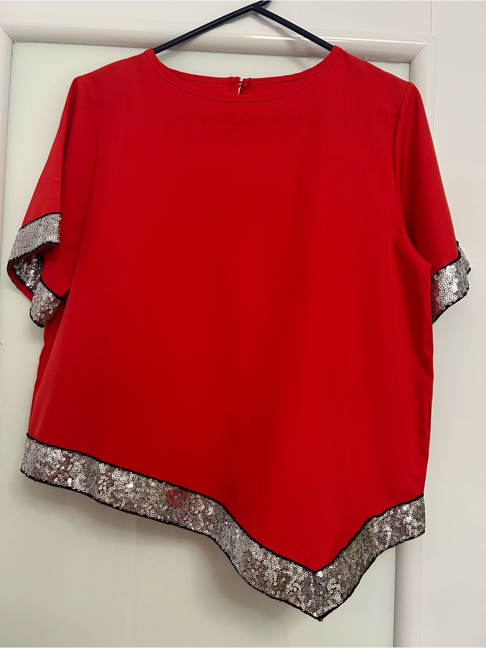 SHEIN Red Short-Sleeve Top with Silver Sequin Trim